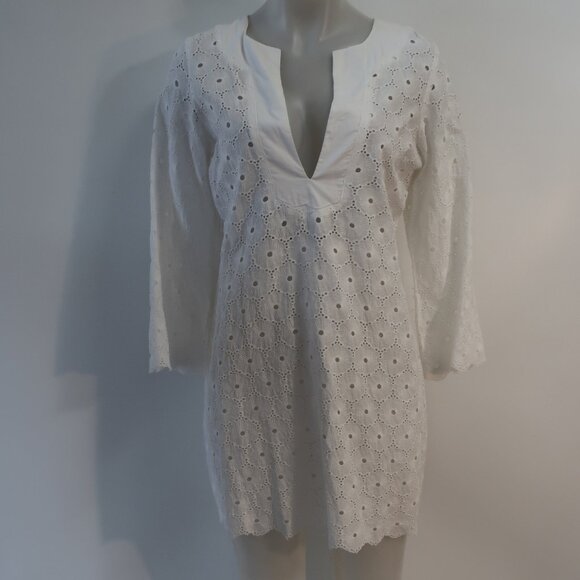 NWT Womens Vix White Solid Eyelet Lace V-Neck Swim Cover-Up Tunic Dress M - Picture 2 of 11